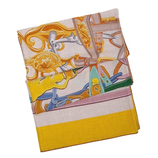 【Hermes 愛馬仕】Brides de Gala Applique 喀什米爾蠶絲140大披巾(米色黃色)
