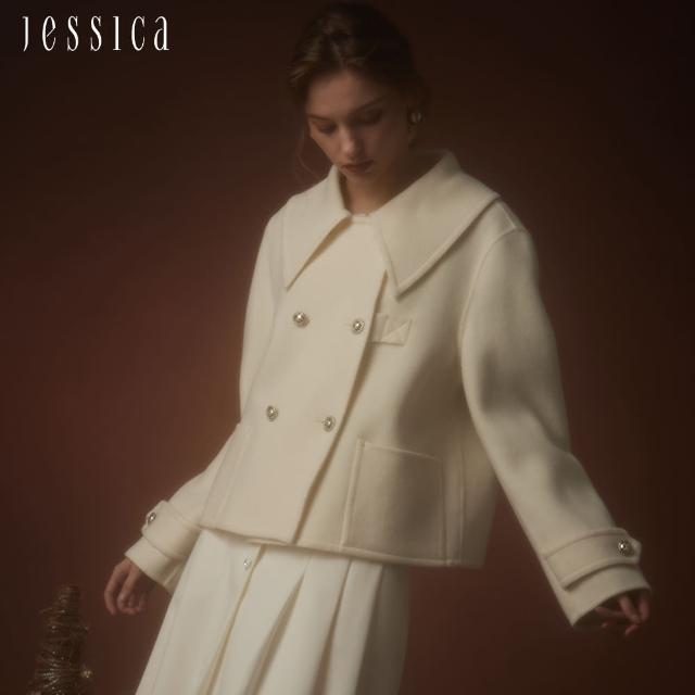 【JESSICA】甜美娃娃領雙排扣短版羊毛外套J35C09（白）