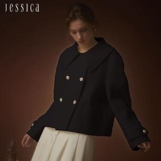 【JESSICA】甜美娃娃領雙排扣短版羊毛外套J35C09（黑）