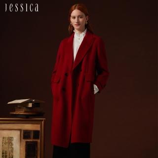 【JESSICA】氣質修身保暖顯瘦翻領羊毛大衣外套J35C01（紅）