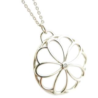 【Tiffany&Co. 蒂芙尼】925純銀-鑲真鑽圓型立體花卉造型墜飾項鍊