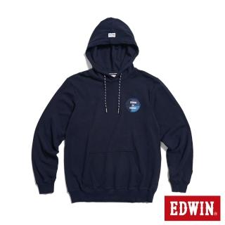 【EDWIN】男裝 再生系列 圓徽章圖騰連帽長袖T恤(丈青色)