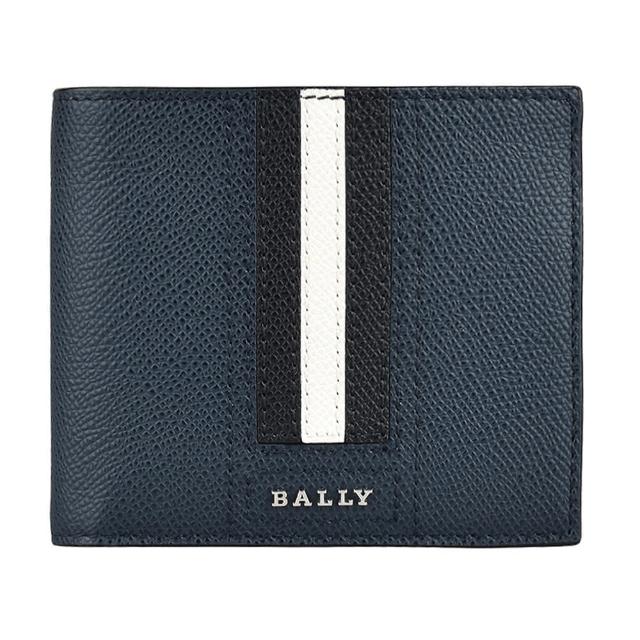 【BALLY】BALLY TVEYE 經典金屬LOGO條紋設計防刮牛皮10卡對折短夾(深藍x黑白黑條紋)