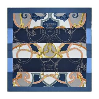【Hermes 愛馬仕】LInstruction du Roy Bayadere 140 cm手工捲邊喀什米爾與真絲混紡方巾(石板藍/海軍藍/金)