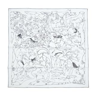 【Hermes 愛馬仕】Mille et Un Lapins 90 cm手工捲邊斜紋真絲方巾(白/黑)