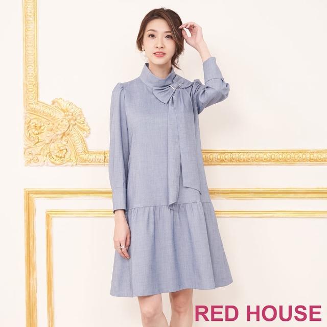 【RED HOUSE 蕾赫斯】氣質蝴蝶結素面洋裝(淺藍色)