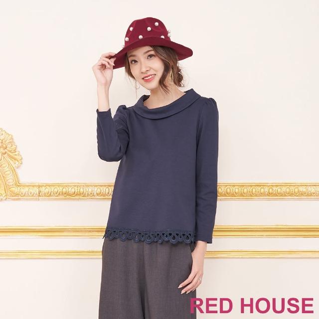 【RED HOUSE 蕾赫斯】氣質翻領蕾絲衣襬T-shirt(深藍色)