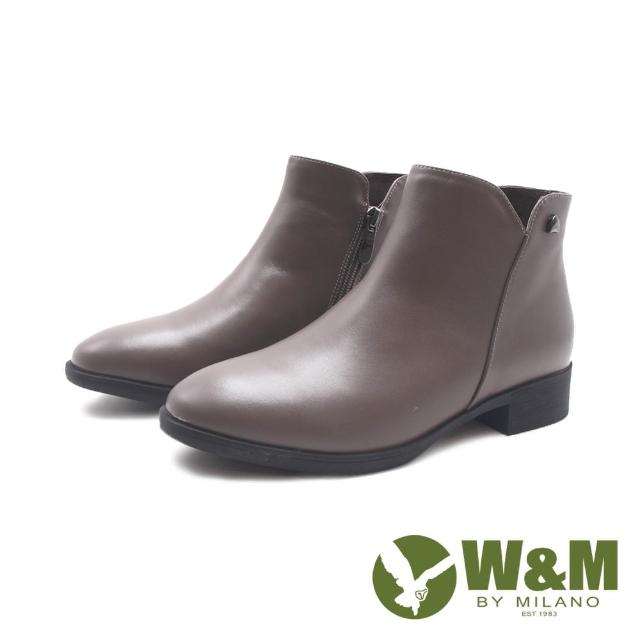 【W&M】女 質感銀釦V口內拉鍊低跟女靴 女鞋(灰色)
