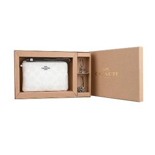 【COACH】銀色金屬LOGO塗層帆布拉鍊手拿包雪花吊飾禮盒組(白)