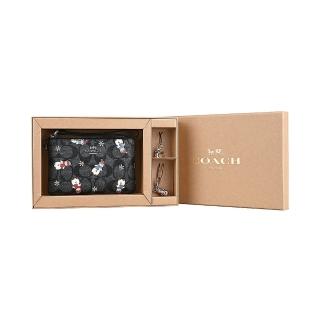 【COACH】銀色金屬雪人圖案塗層帆布拉鍊手拿包禮盒組(黑)