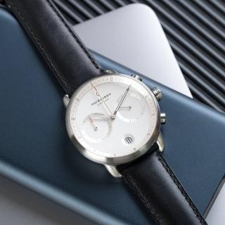 【Nordgreen】ND手錶 先鋒 Pioneer 42mm 月光銀殼×白面 極夜黑真皮錶帶(PI42SILEBLXX)