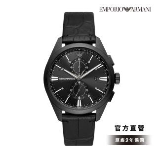 【EMPORIO ARMANI 官方直營】Claudio 時空旅人日曆計時手錶 黑色環保製程皮革錶帶 43MM AR11483