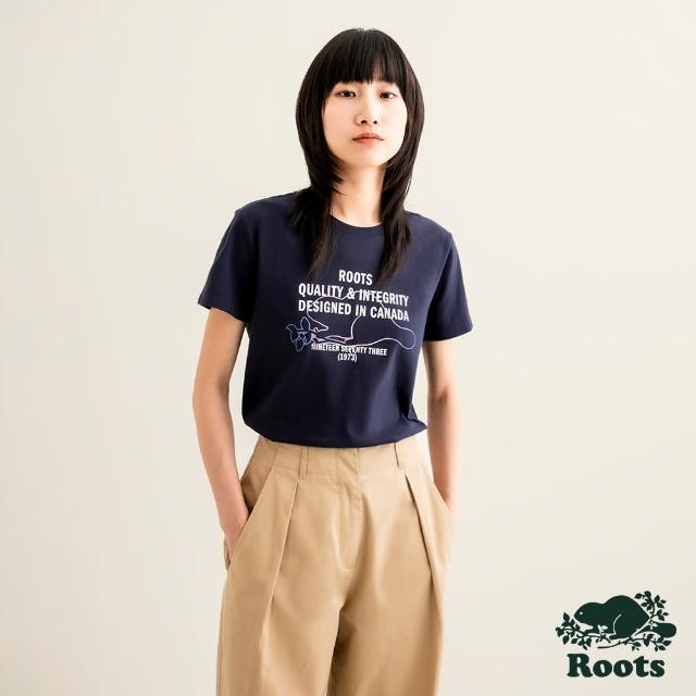 【Roots】Roots 女裝-摩登都市系列 漸層海狸線條短袖T恤(軍藍色)