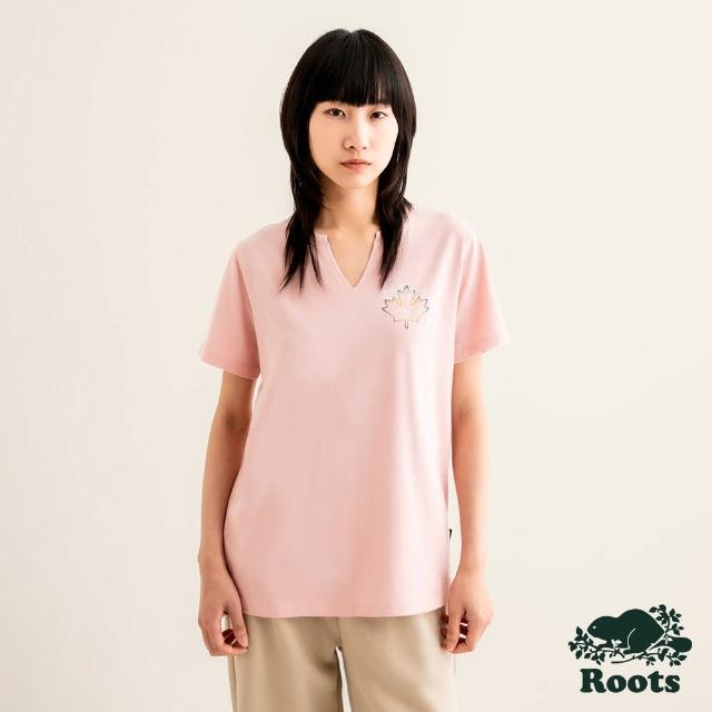 【Roots】Roots 女裝-摩登都市系列 楓葉圖案V領短袖T恤(粉橘色)