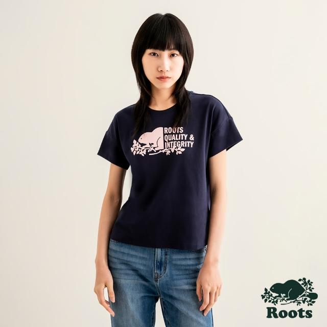 【Roots】Roots 女裝-摩登都市系列 海狸圖案短版短袖T恤(軍藍色)