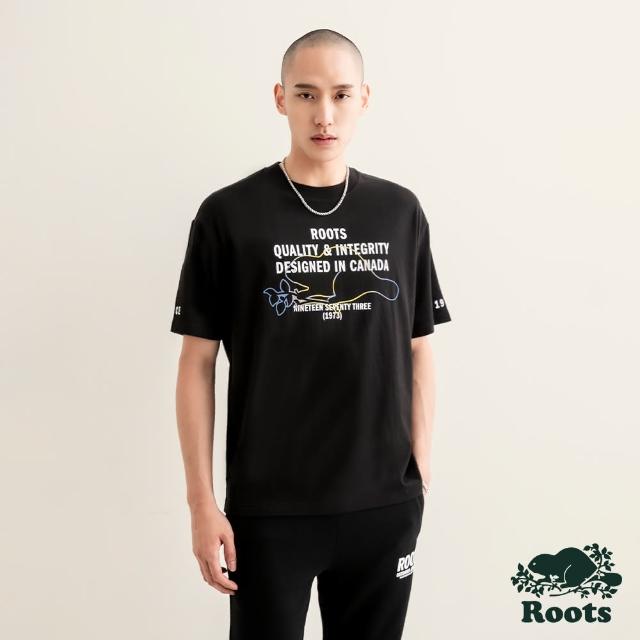 【Roots】Roots 男裝-摩登都市系列 海狸圖案落肩T恤(黑色)