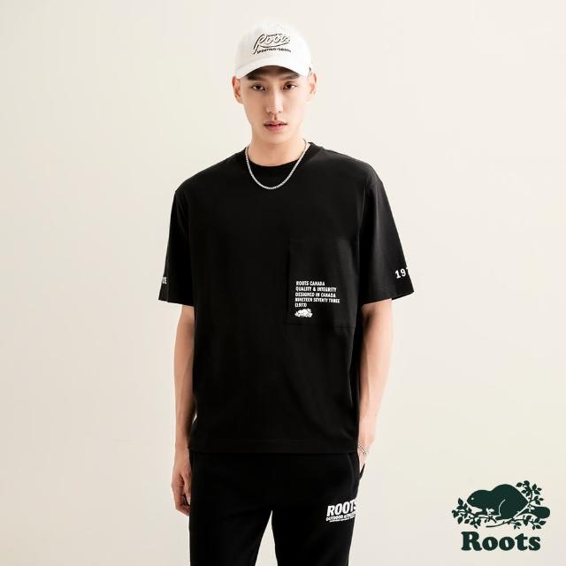 【Roots】Roots 男裝-摩登都市系列 左胸拉鍊口袋落肩T恤(黑色)