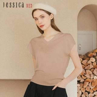 【Jessica Red】簡約舒適百搭羊毛V領短袖針織衫R35502（褐）