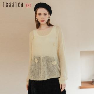 【Jessica Red】輕薄甜美立體花朵寬鬆鏤空毛衣R34501（黃）