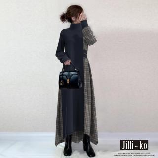【JILLI-KO】日系秋冬設計感高領拼接格紋連衣裙-F(黑)