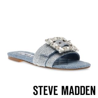 【STEVE MADDEN】GETAWAY-R 方釦鑽面平底拖鞋(牛仔藍)