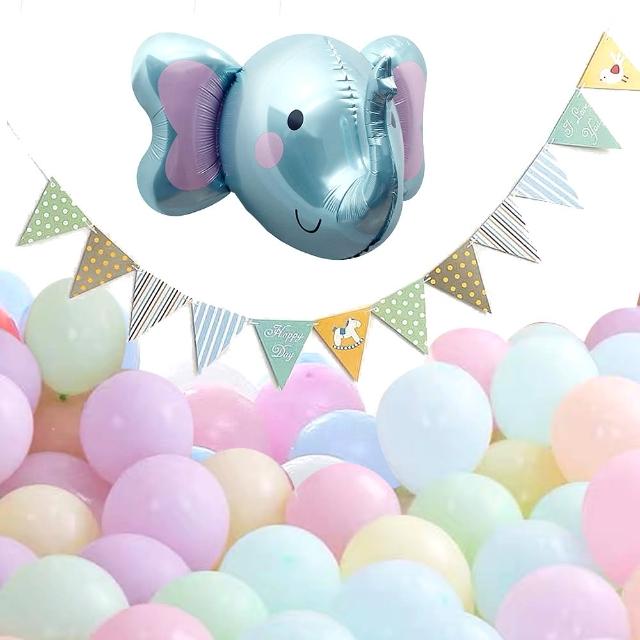 3D立體藍色大象生日氣球組(3D鋁膜氣球X1 掛旗X1 乳膠氣球X50)