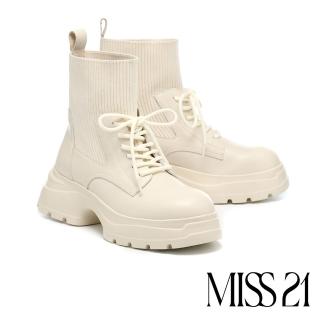 【MISS 21】日常率性純色綁帶牛皮拼接彈力飛織大頭厚底短靴(米白)