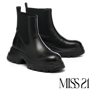 【MISS 21】未來潮感異材質拼接切爾西大頭厚底短靴(黑)
