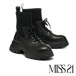 【MISS 21】日常率性純色綁帶牛皮拼接彈力飛織大頭厚底短靴(黑)