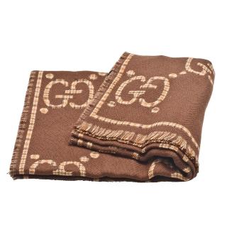 【GUCCI 古馳】經典格紋GG織花羊毛圍巾(咖啡色660025-4G386-2579)