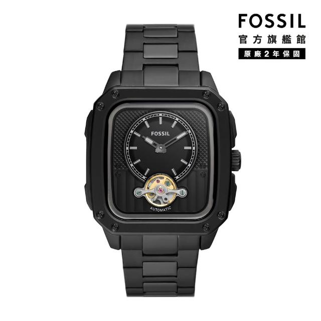 【FOSSIL 官方旗艦館】Inscription 酷黑復古方型手錶 黑色不鏽鋼鍊帶 42MM ME3238