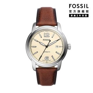 【FOSSIL 官方旗艦館】Heritage 簡約復古日曆機械手錶 棕色真皮錶帶 43MM ME3221(母親節)