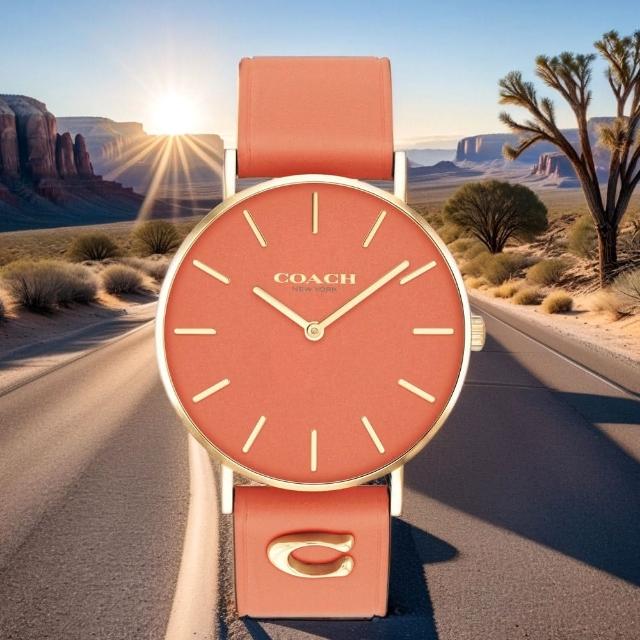 【COACH】Perry 品牌C字皮錶帶女錶-玫瑰金x珊瑚橘 母親節禮物(CO14503922)