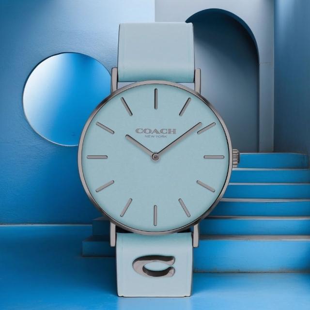 【COACH】Perry 品牌C字皮錶帶女錶-鐵灰x藍 母親節禮物(CO14503923)