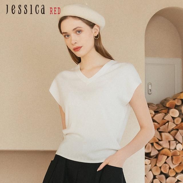 【Jessica Red】簡約舒適百搭羊毛V領短袖針織衫R35502（白）