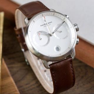 【Nordgreen】ND手錶 先鋒 Pioneer 42mm 月光銀殼×白面 深棕真皮錶帶(PI42SILEDBXX)