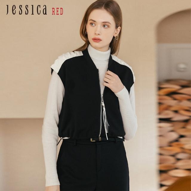 【Jessica Red】休閒百搭拼色短袖拉鏈外套R34301