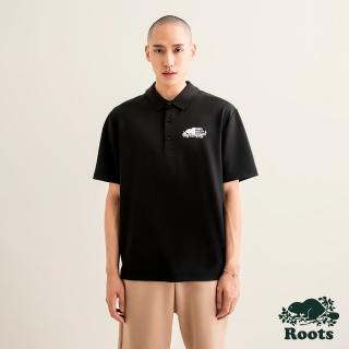【Roots】Roots 男裝-摩登都市系列 雙面網眼布落肩POLO衫(黑色)