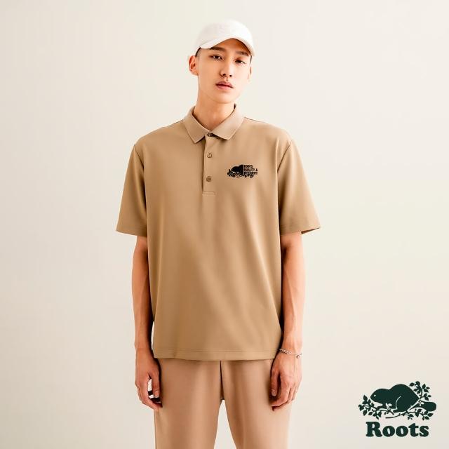 【Roots】Roots 男裝-摩登都市系列 雙面網眼布落肩POLO衫(棕褐色)