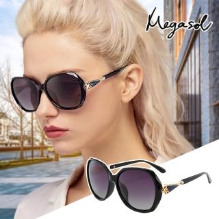 【MEGASOL】UV400防眩偏光太陽眼鏡時尚女仕大框矩方框墨鏡(魅力簍空鑲鑽魔幻鏡架-5103)