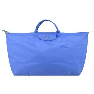 【LONGCHAMP】LE PLIAGE GREEN系列刺繡短把再生尼龍摺疊旅行袋(中/失車菊藍)