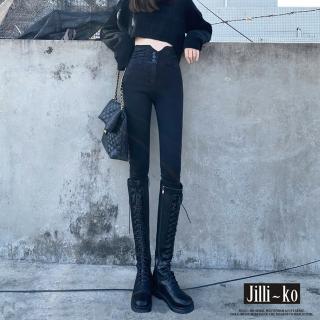 【JILLI-KO】高腰收腹提臀彈力修身排扣女鉛筆九分牛仔褲-M/L/XL(黑)