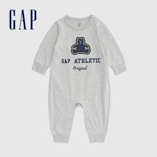 【GAP】嬰兒裝 Logo純棉小熊印花長袖包屁衣/連身衣 布萊納系列-淺灰色(890315)