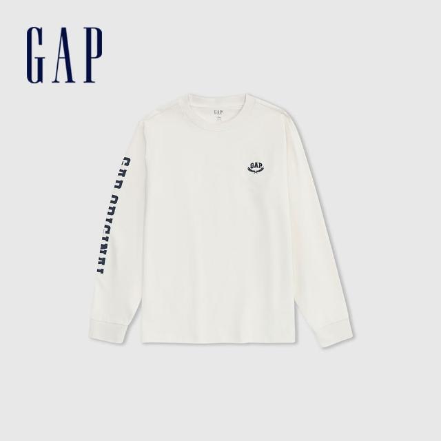 【GAP】男裝 Logo純棉印花圓領長袖T恤-米白色(885523)