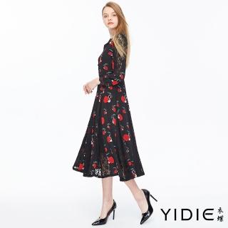 【YIDIE】衣蝶 天鵝玫瑰拼接蕾絲長洋裝-黑