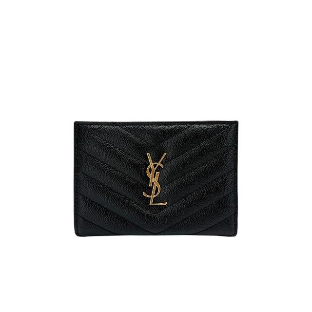 【YSL】金logo粒面皮革二折扣式零錢袋短夾(668287-黑)