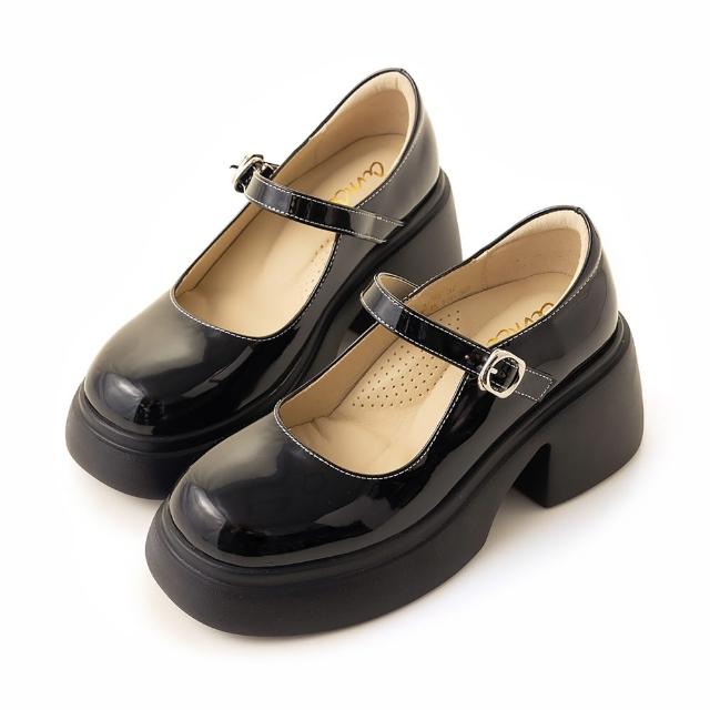 【amai】復古氣質雙帶圓頭漆皮瑪麗珍鞋 娃娃鞋 粗跟 厚底 瑪莉珍 時尚 百搭 學院風 大尺碼 GC67BK(黑色)