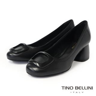 【TINO BELLINI 貝里尼】巴西進口梯形扣圓頭粗跟鞋FWDT020-1(黑色)