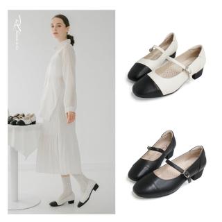 【Robinlo】羊皮低跟溫柔小香風拼色瑪莉珍鞋MAEGAN(法式黑/奶油白)
