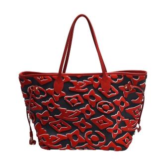 【Louis Vuitton 路易威登】M45544 經典LVXUF NEVERFULL MM簇絨Monogram帆布肩背包(黑/紅色)